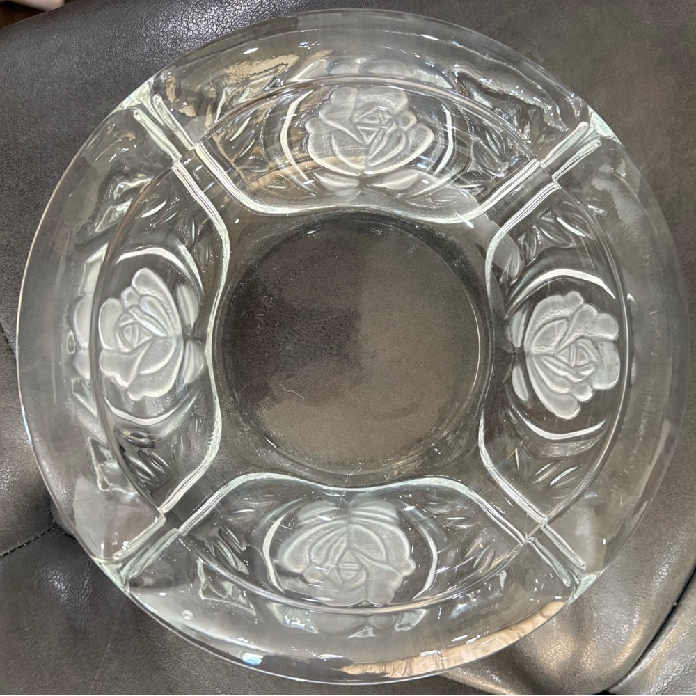 Vintage KIG Indonesia Clear Glass Ashtray 6” Frosted Rose Retro Glass Heavy